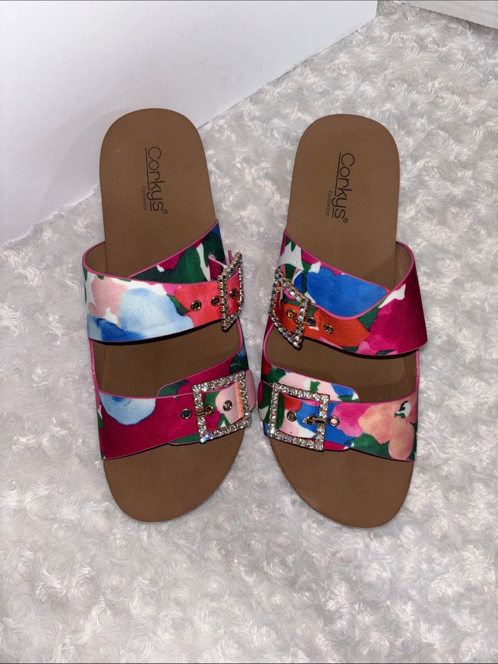Corkys Pink Floral Double-Buckle Slide Sandals size 11